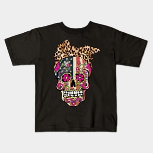 American Flag Sugar Skull Leopard Bow Kids T-Shirt